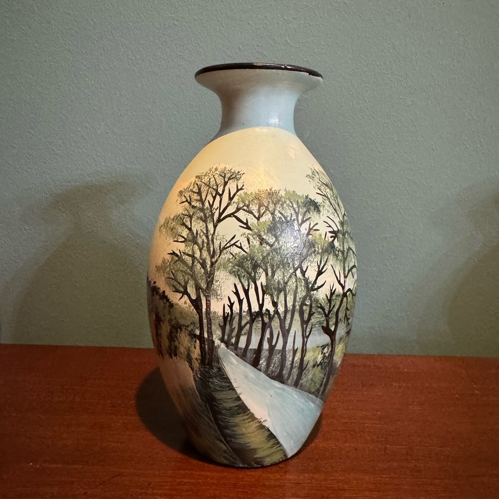 Hand-Painted Tree Landscape Ceramic Vase in Cream and Green 7.75” tall